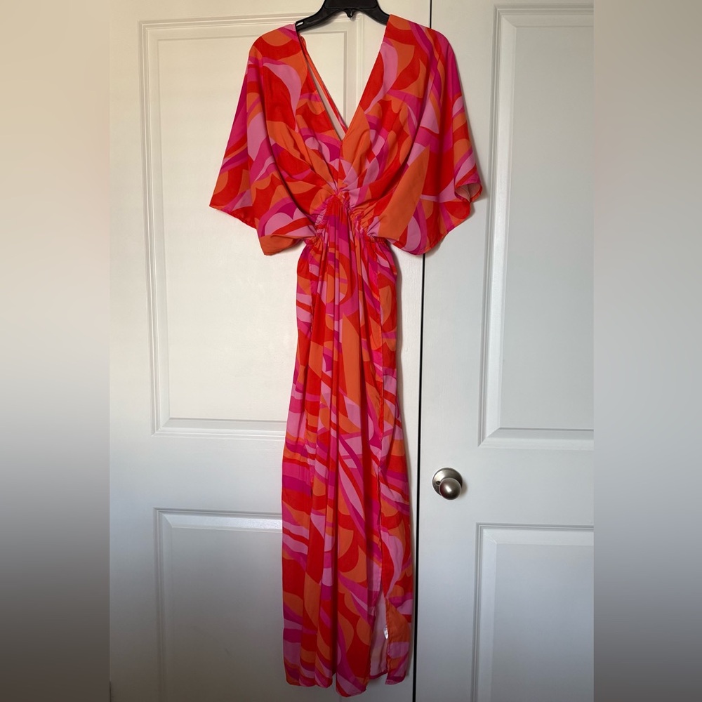 Resort Style TCEC Pink & Orange Abstract Print Maxi Dress
